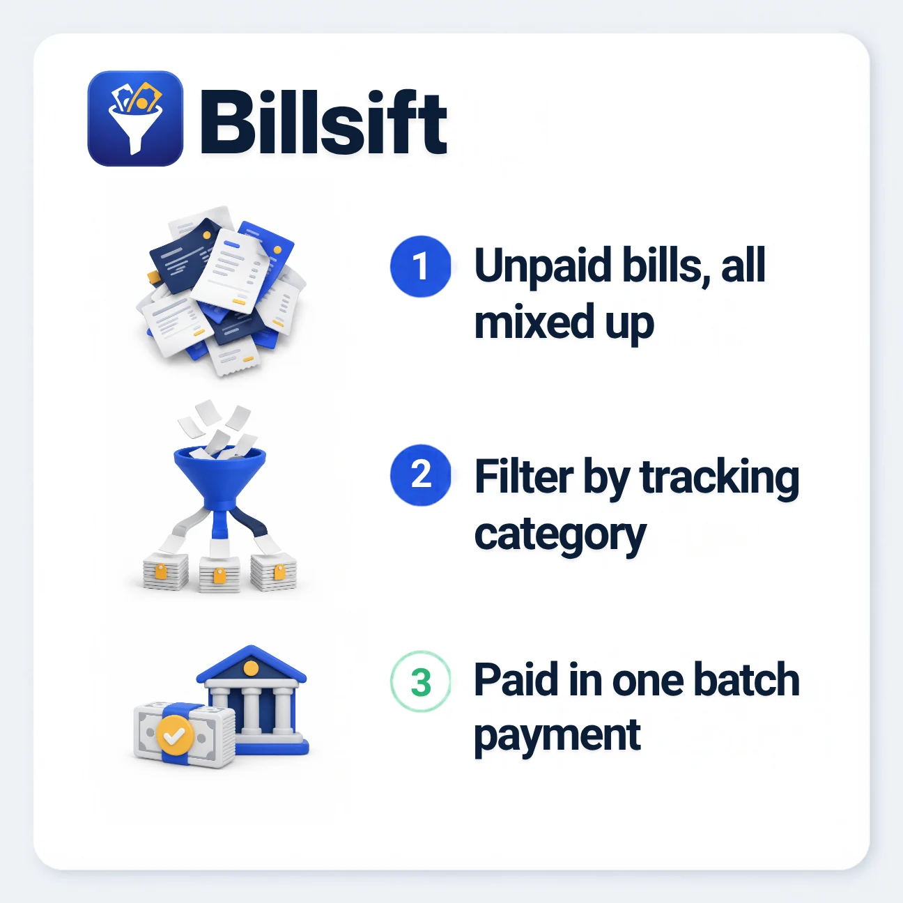 Billsift in three steps: unpaid bills all mixed up, filter by tracking category, paid in one batch payment.