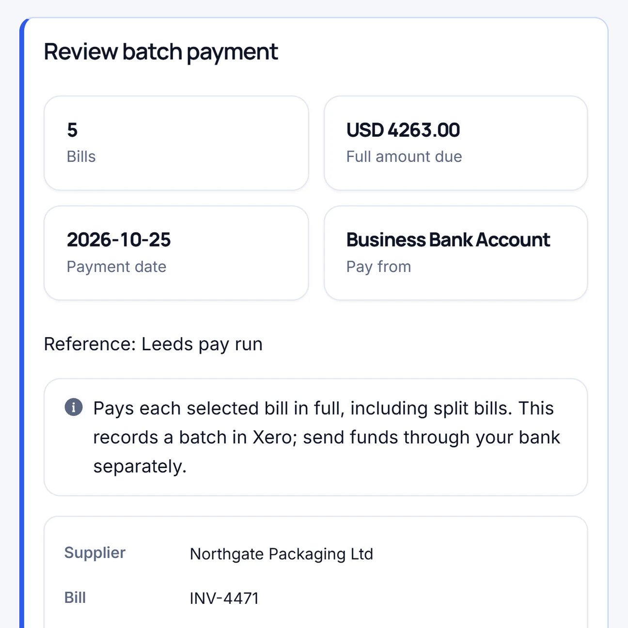 Real Billsift batch preview with sample data: the bank account, date and reference, the bills to pay and the phrase to type.