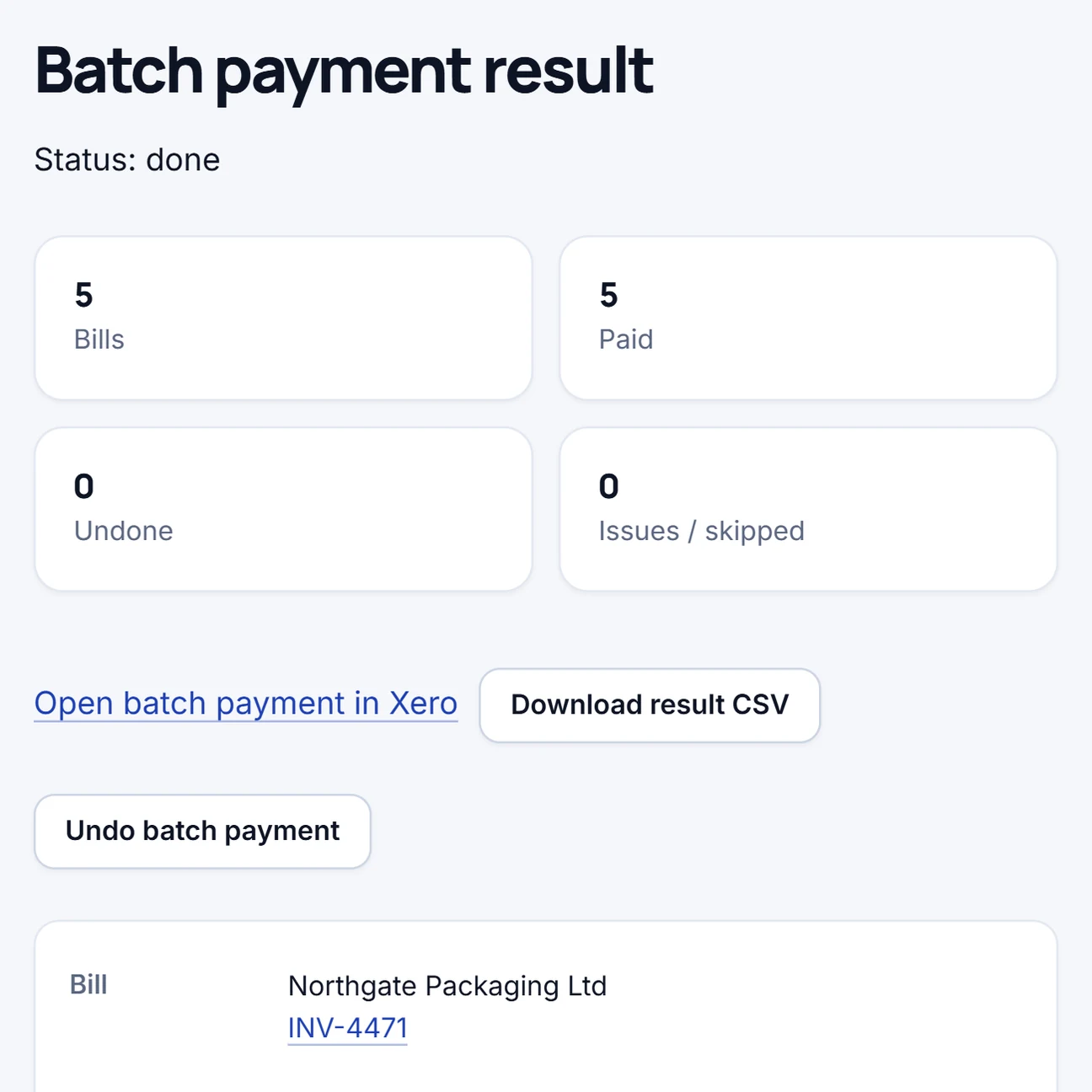 Real Billsift result with sample data: the bills paid in one batch, the result CSV and the Undo batch payment button.